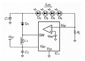 《圖六　switching regulator構成的基本LED驅動電路》
