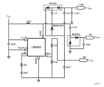 《圖六　利用LM2622晶片提供＋9.0伏特、＋18.0伏特及－9.0伏特供電的設計方案電路圖》
