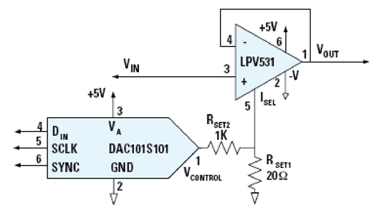 《图四 利用DAC101S101和LPV531组成的电压控制滤波器》