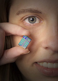 《圖五　Sony PS3機內所用的處理器為Cell晶片，圖中為IBM分析工程師Tami Vogel手拿Cell微處理器的原型品（Prototype），Cell嘗試將超級電腦的效能放入單一晶片內，Cell預計將廣泛用在消費性電子及數位娛樂領域。（圖片來源：www-03.ibm.com）》