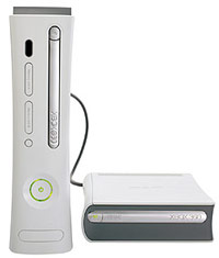 《圖八　現有Microsoft Xbox 360配屬12X DL的DVD-ROM光碟機，但仍可透過USB埠的外接擴充來使用之後才會逐漸普及的HD DVD光碟機。（圖片來源：www.xbox-scene.com）》