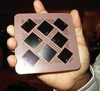 《圖二  POWER5處理器模組採四顆CPU矽晶片搭四顆L3 晶片的多重晶片封裝》