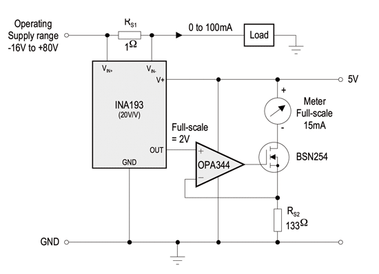 《图一 利用INA193提供独立电源的动线圈电表》