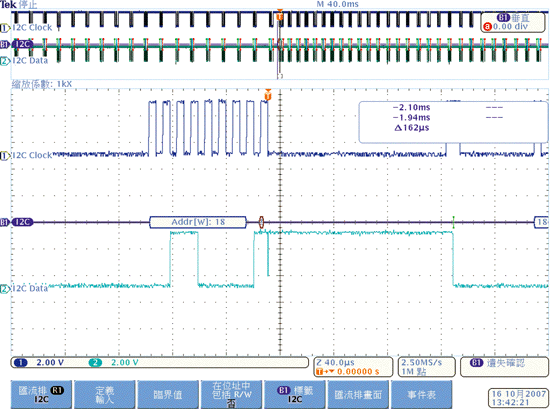 《圖七　因突刺引起的I2C遺失確認波形（Measured by Tektronix DPO4104）》