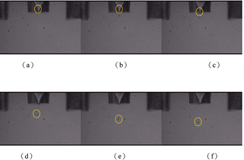 《图六 PEDOT溶液在不同延迟时间下驱动闪频LED所撷取的液滴形成画面。从(a)到(f)，闪频灯的延迟时间分别为30μs、50μs、80μs、150μs、200μs与250μs。》