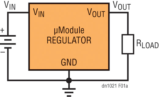 圖一a : 　為產生正輸出電壓而配置的降壓μModule穩壓器
