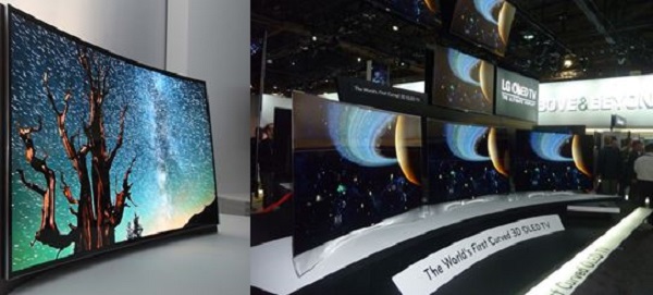 圖一 : 三星、LG等廠商在一些展會中都展出可彎曲的OLED TV (左圖為三星、右圖為LG)