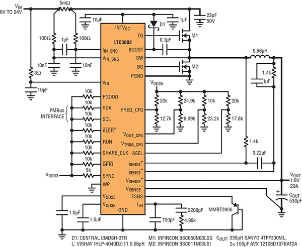 圖二 : 具DCR 檢測的高效率 500kHz 1.8V 降壓轉換器