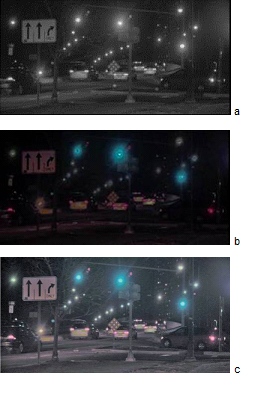 图一: 一个夜间城市交通场景：照度图片（a）与RGB彩色图片（b）结合在一起形成合成图片（c）