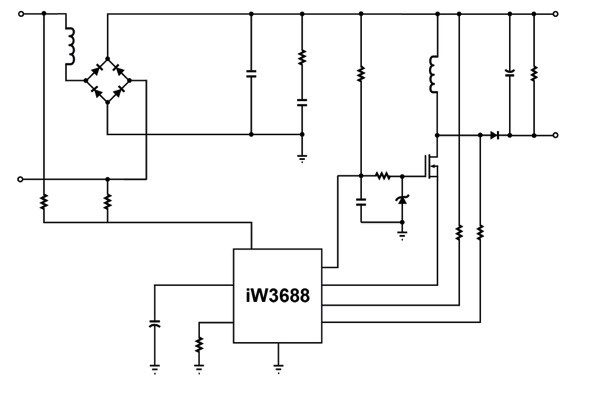 圖四 :  使用iW3688控制器實現的整流器、電流控制及LED驅動器電路。