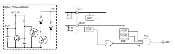 圖三 : 圖左右為整合的電池電壓檢測電路節省元件數和PCB面積。