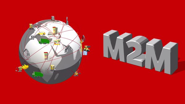 图1 :  M2M是两部机器之间利用通讯设备来传递讯息，并配合自动化系统来提升系统效率。（Machine to Machine）概念(Source: Vodafone Global Enterprise)