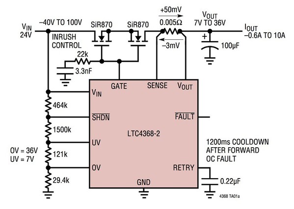 图3 : 提供保护功能的 LTC4368 双向电路断路器