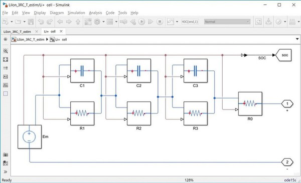 圖2 : 利用Simscape模塊開發的參數估計用恆溫3-RC等效電路。（Em=開路電壓，R=電阻，C=電容）