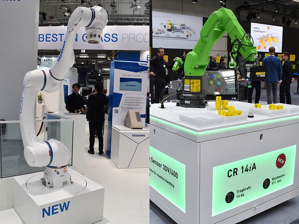 圖5 : 安川電機的工業用協助機器人「MOTOMAN HC20」(左)，以及發那科塗裝成綠色的新產品「CR-14iA／L」。(source：Robot Digest)