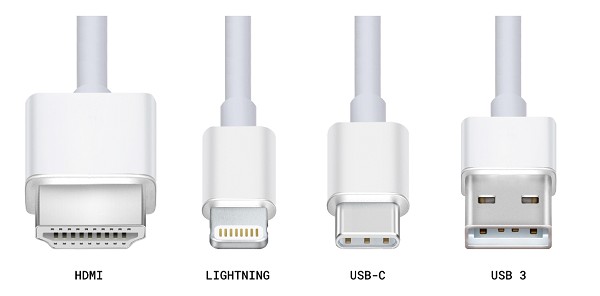 图一 : USB-C的外形比HDMI和USB 3小得多。虽然尺寸与Lighting相当，但USB-C将是通用的，连接器两端相同。