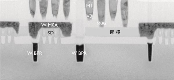 图九 : 整合钨基BPR导线与FinFET矽晶片的穿透式电子显微镜（TEM）影像。