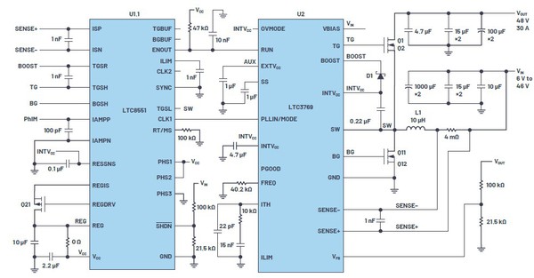 图1 : LT8551相位扩展器U1.1连接至主控制器U2的介面。该解决方案的四个附加（扩展）电源相位如图2所示。