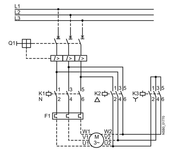 圖7 : 此YΔ電路由馬達饋電纜線中的過載繼電器和三個 EMC 組成，以在馬達啟動期間切換電源。（source：Siemens）