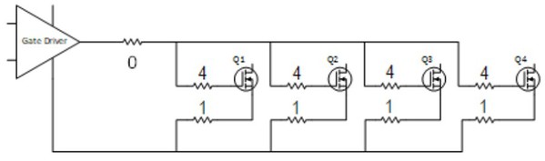 圖三 : 增加閘極和源極電阻器以驅動並聯碳化矽MOSFET