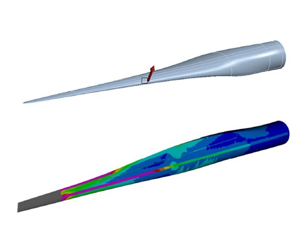 图一 : 涡轮叶片的机械模型（顶部）和绘图可视化。（source：Ansys）