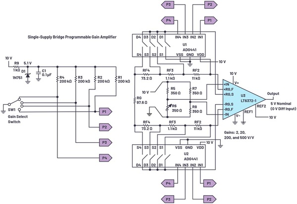 圖3 : LT6372-1 PGIA電橋介面，提供四種增益設定。