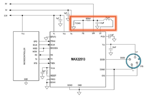 图四 : ADI新推出的IO-Link收发器整合了高效DC-DC稳压器。