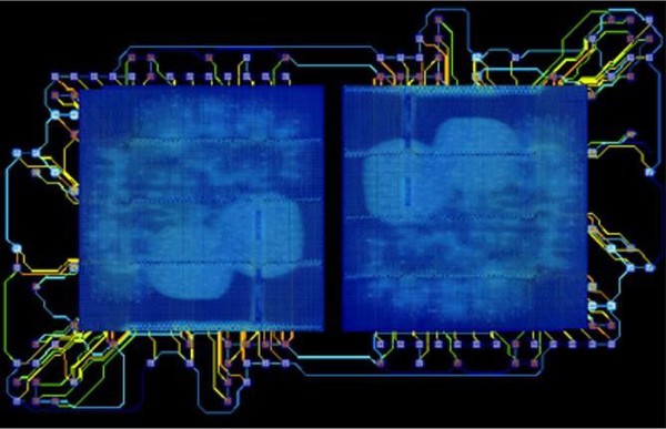 图三 : 透过Ansys RedHawk-SC对双小晶片进行电源完整性分析2.5D系统显示电流密度分布。
