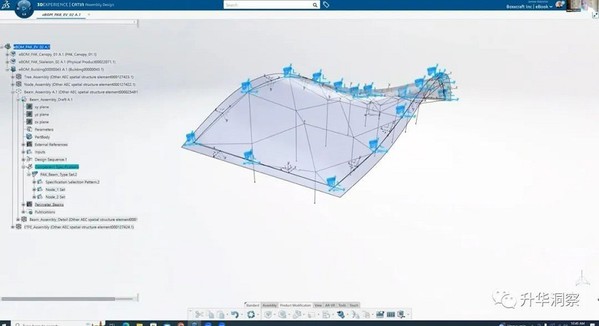 图4 : 电动汽车体验中心创建特别的几何曲面形状屋顶，试图由结构不同方面而决定的叁数轻松实现自动化。（source：达梭系统）