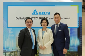 圖一 : 台達於日本CEATEC 2023參展，台達品牌長郭珊珊（中）、台達永續長周志宏（左）與台達東北亞區總經理華健豪出席開展記者會。