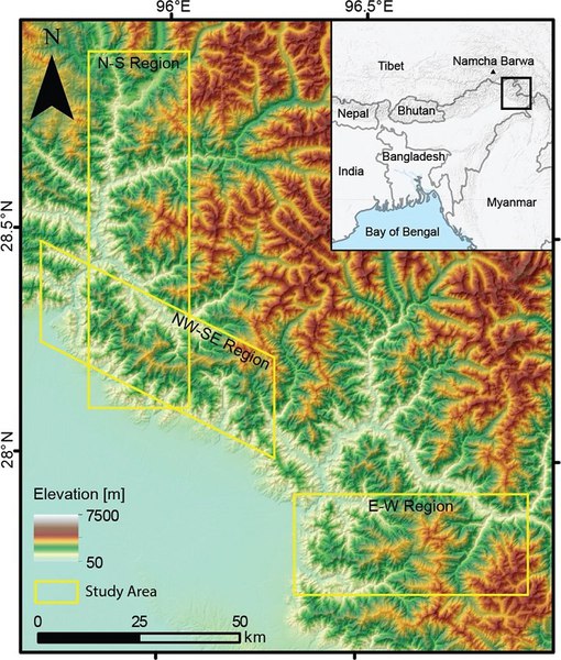 图二 : ：喜马拉雅山最东端的研究区域（source：Nature Journal）