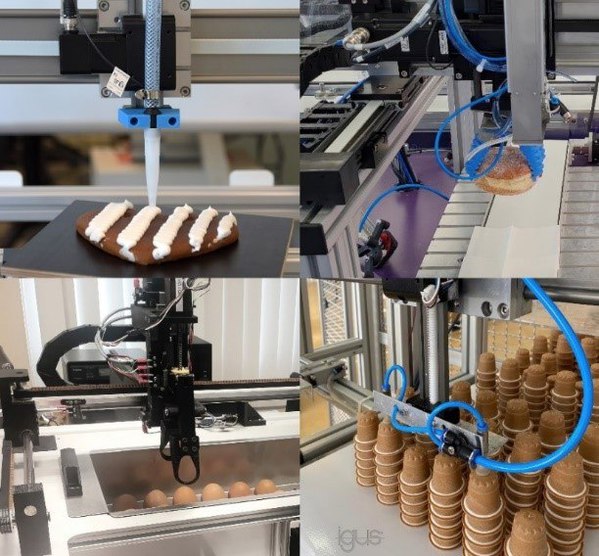 图二 : 从在工厂操作机器到挑选甜甜圈，再到精确配料，RBTX线上市场上有400多种的机器人解决方案，它们正在彻底改变我们的工作环境。（source：igus GmbH）