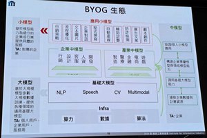 圖一 : 資策會提供BYOG 生態系服務，包括應用小模型、企業中模型和基礎大模型，因應不同產業的各樣資訊服務需求。（source：資策會;2023/11）
