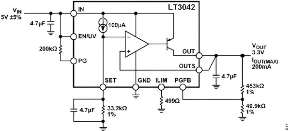 圖十七 : LT3042 提供 3.3 V 輸出所需的配置