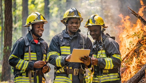 图二 : 消防员评估即时情况以确定灭火行动方案。