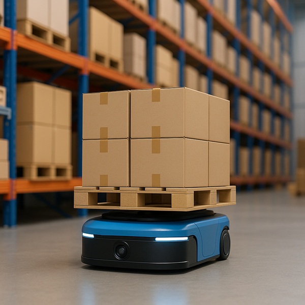 圖一 : 自動搬運車（AMR）在倉庫內搬運貨物，展現自動化降低人力依賴。
