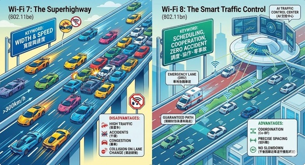 圖二 : 以公路交通來比較Wi-Fi 7與Wi-Fi 8的主要差異。