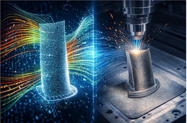 圖一 : 一具航空引擎葉片的製造：複雜的數位點雲模型與流體力學模擬數據（3D列印）；金屬3D列印機噴嘴以雷射熔融金屬粉末，隨著資訊流引導逐層堆疊出實體零件。