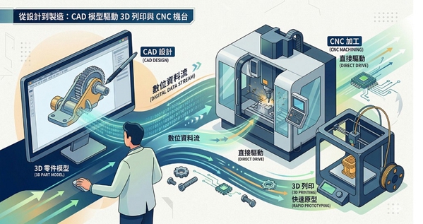 圖二 : 在機械設計領域，CAD模型可以驅動CNC機台或3D列印設備生成零件。