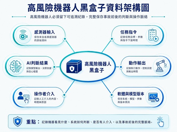 圖六 : 高風險機器人事件黑盒子應記錄的六類資料。（資料來源:本刊整理）