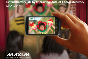 Maxim推出用於單節電池組的電量計，適用於可攜式應用，包括無線手持裝置、智慧型手機、平板電腦、數位相機、可攜式醫療器設備等。