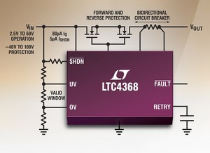 电路保护控制器 LTC4368可针对2.5V 至 60V 电子线路确保安全的电压和电流水准。
