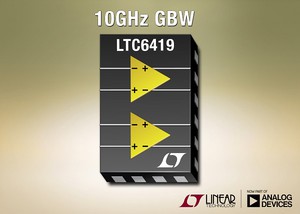 LTC6419具備低失真，在100MHz時可提供85dB無寄生動態範圍 (SFDR)，同時驅動2VP-P訊號。