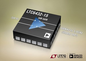 凌力尔特推出具有 15dB 增益的宽频全差动放大器 LTC6432-15，该元件提供高达+50.3dBm OIP3 (输出三阶截取) 的线性度...