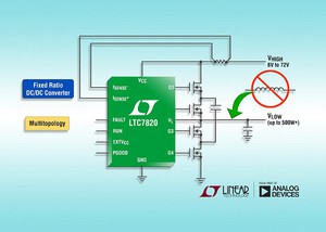 72V固定比例DC/DC控制器無需功率電感，在非隔離式中間匯流排轉換器應用中提供超過 500W 功率。