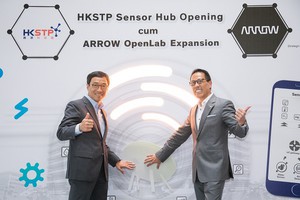 艾睿电子亚太区总裁余敏宏(右)及香港科学园行政总裁黄克强(左)出席香港科学园全新感测器测试平台（Sensor Hub）暨艾睿电子技术应用工作间（Arrow Open Lab）扩充开幕典礼。