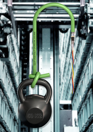 用於Profinet的新型CFSPECIAL.182.060汇流排电缆的去应力结构确保了可靠的汇流排通讯，特别是在悬挂应用中。（来源：igus GmbH）