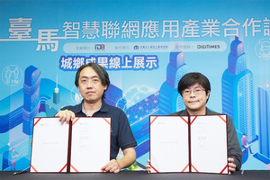 资策会系统所组长许群升(右)与腾晖电信科技执行长戴腾??(左)签属合作备忘录。