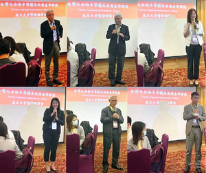 依序)史泰欽講座教授、紀國鐘博士、科技部許增如司長、工業局陳佩利副局長、環球晶圓盧明光榮譽董事長、穩懋半導體蕭宏彬技術長共同致