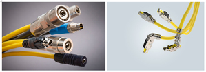 T1連接器束（左）和RJ45 Multifeature確保工業乙太網的最佳通信性能。